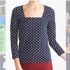 J Crew Womens Blouse Navy Blue Polka Dot Square Neck Long Sleeves Stretch